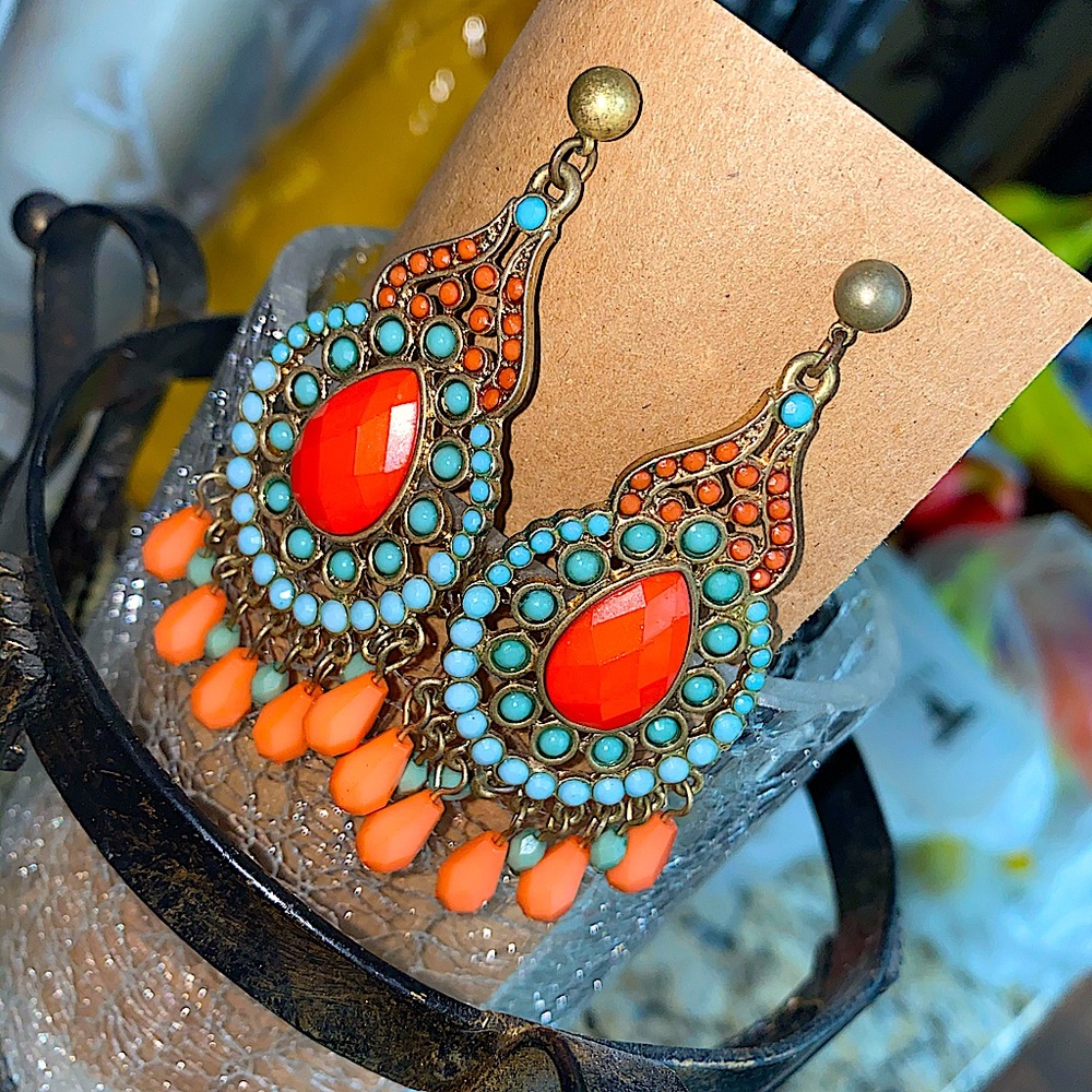 Teal & Orange Post Back Earrings